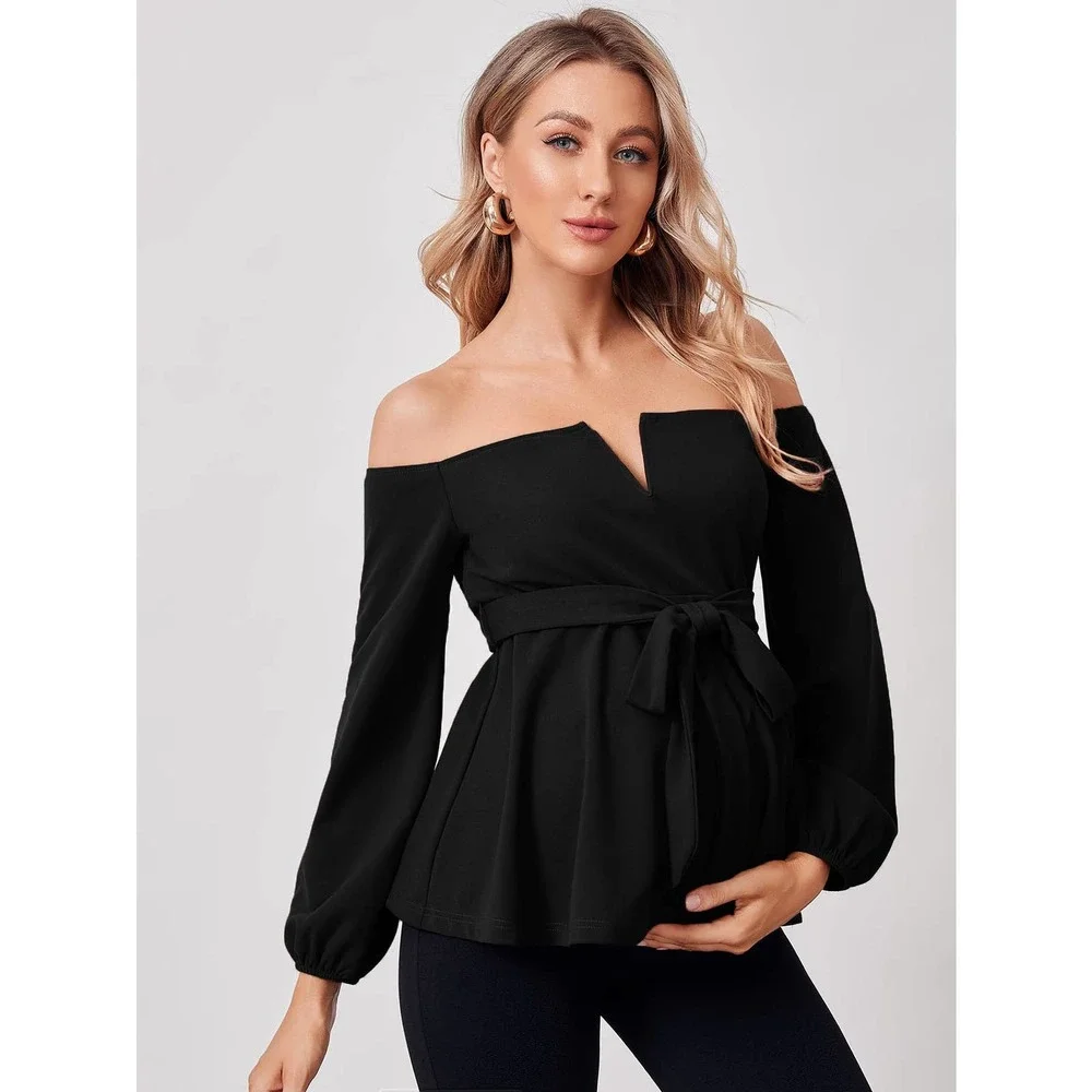 Maternity V Off Shoulder Belted long sleeve Top black - Picture 3 of 8